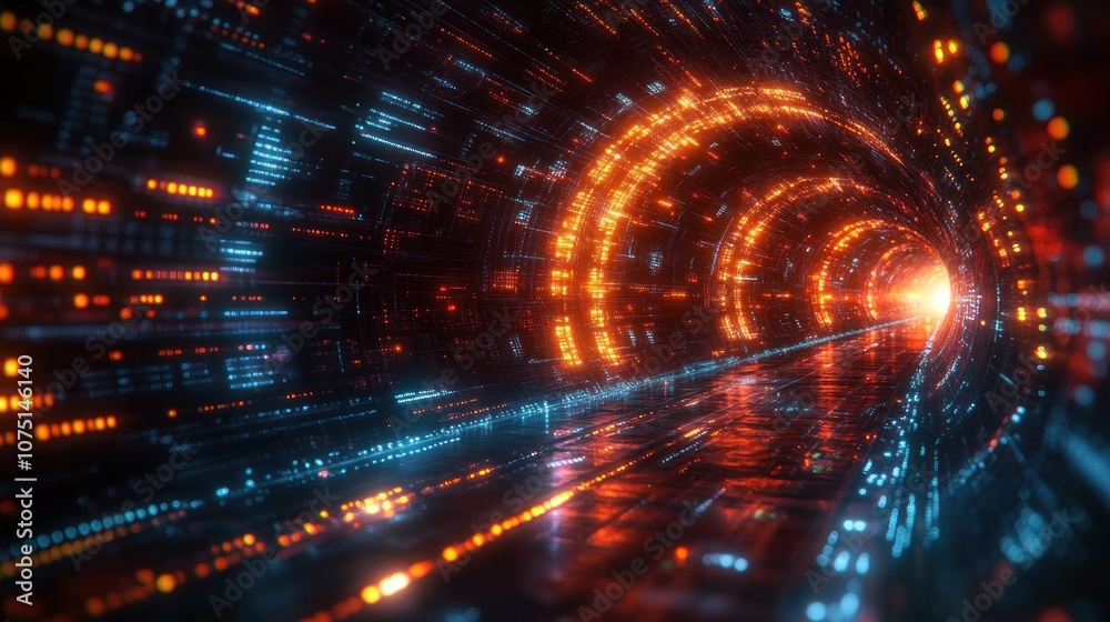 Obraz premium A futuristic tunnel of light and data, suggesting speed and technology.