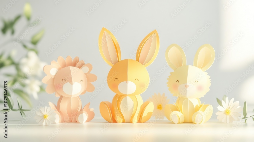 Fototapeta premium Cute pastel paper bunny figures surrounded by flowers in soft natural light.