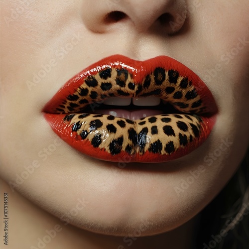 Close-up of a woman's sensual leopard print lips