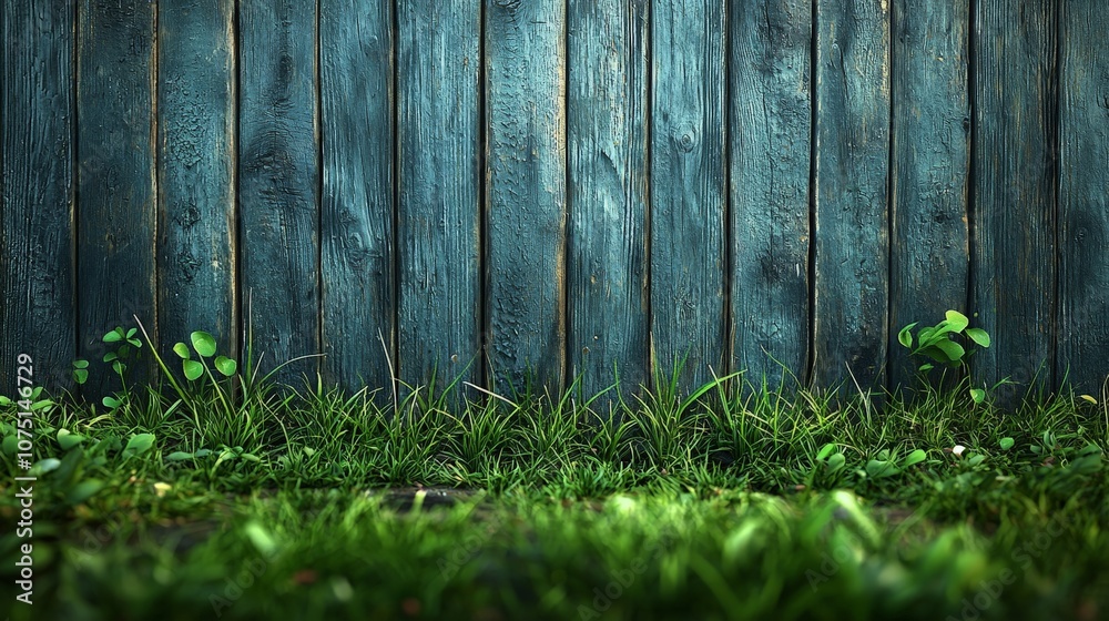 A serene grassy area with a weathered blue wooden fence in the background. A serene grassy area with a weathered blue wooden fence in the background.