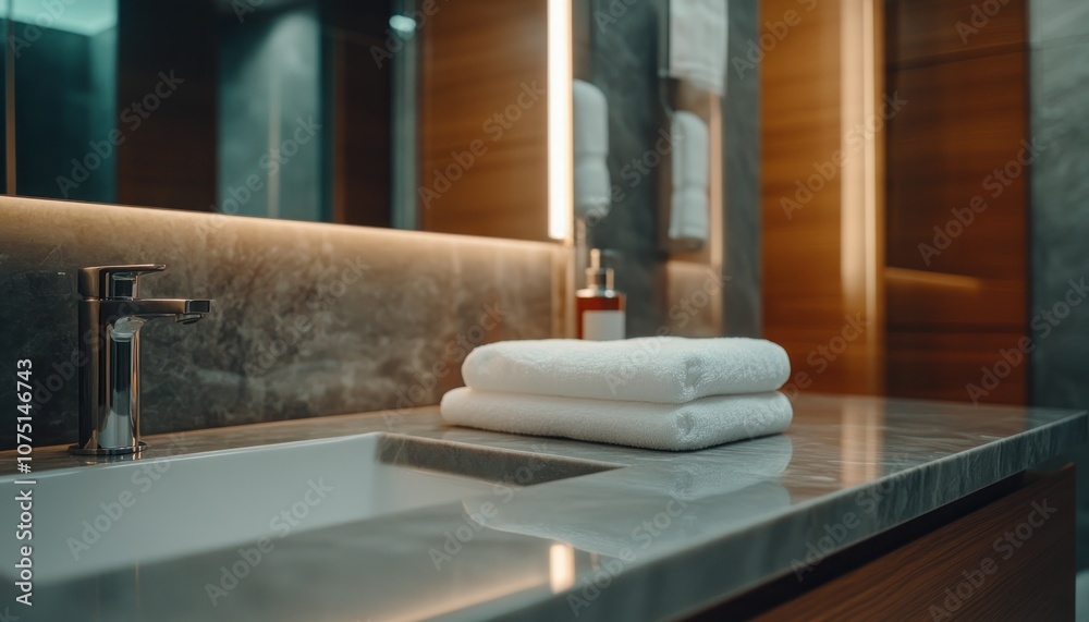 Sparkling Clean and Luxurious Bathroom Design Modern Sink, Tidy Surfaces, and White Towels, Perfect for a Relaxing Spa Experience Sparkling Clean and Luxurious Bathroom Design Modern Sink, Tidy Surfaces, and White Towels, Perfect for a Relaxing Spa Experience