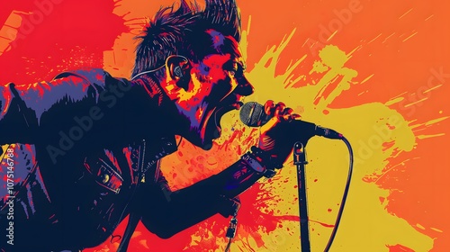 A man with a microphone is singing into it. The man is wearing a black jacket and has a black beard. The background is orange and splattered with paint