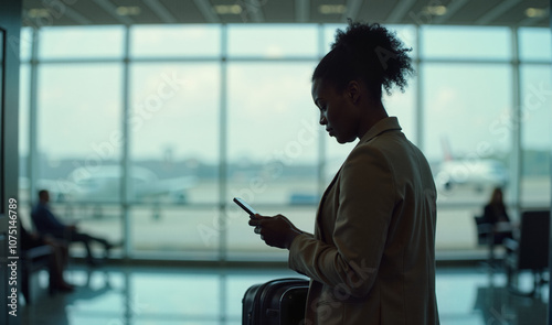 A professional woman checks her smartphone while waiting at the airport, with airplanes visible in the background. The image captures the modern business traveler in transit.