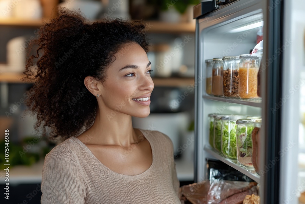 A cheerful woman with curly hair smiles as she gazes into her well-organized refrigerator, appreciating the array of healthy foods and neatly arranged containers. A cheerful woman with curly hair smiles as she gazes into her well-organized refrigerator, appreciating the array of healthy foods and neatly arranged containers.