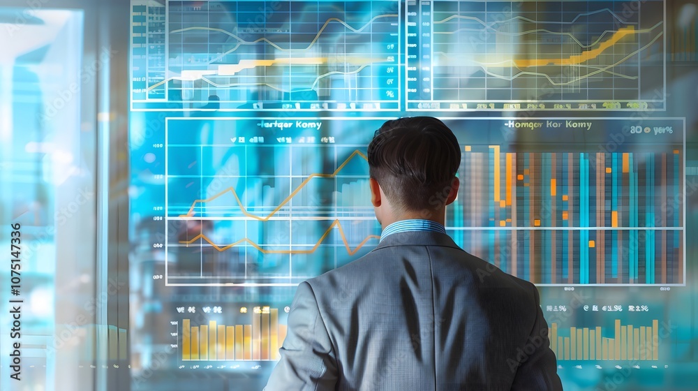 Fototapeta premium A man in a suit is looking at a computer screen with a lot of graphs and numbers. He is focused and attentive, possibly analyzing data or making a decision based on the information displayed
