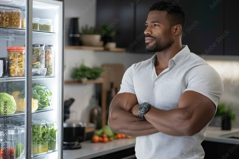 Fototapeta premium A thoughtful man examines his refrigerator's neatly arranged contents, reflecting on choices and habits within a stylish, contemporary kitchen environment.