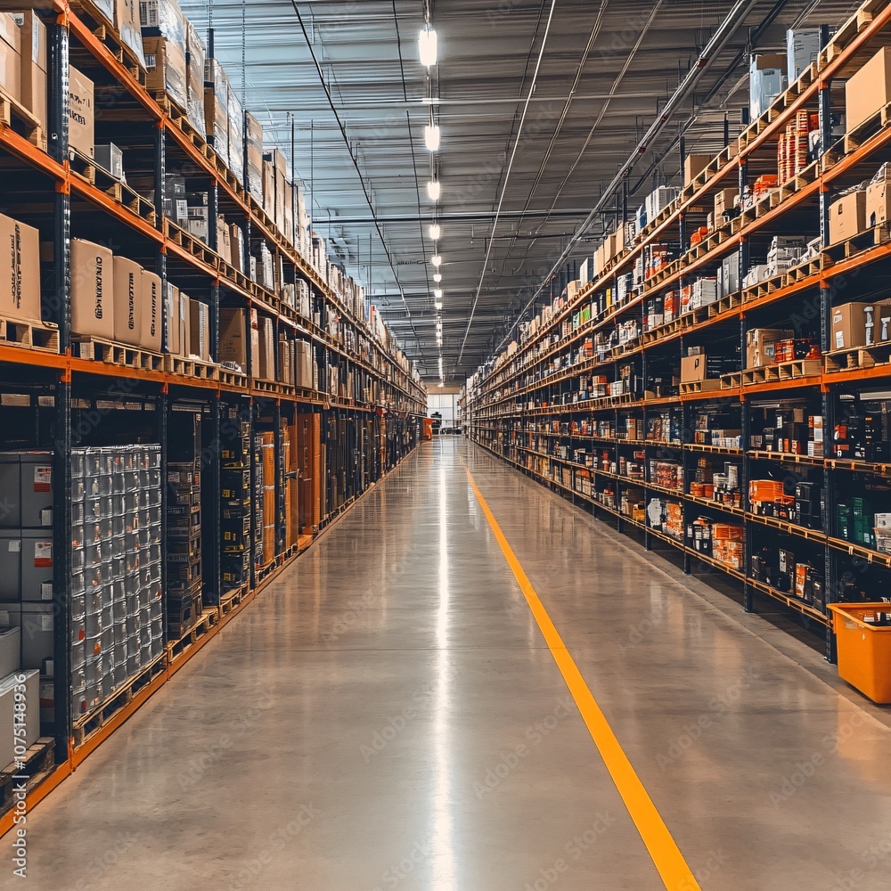 Expansive Warehouse Aisle with Stacked Shelves and Industrial Lighting Expansive Warehouse Aisle with Stacked Shelves and Industrial Lighting
