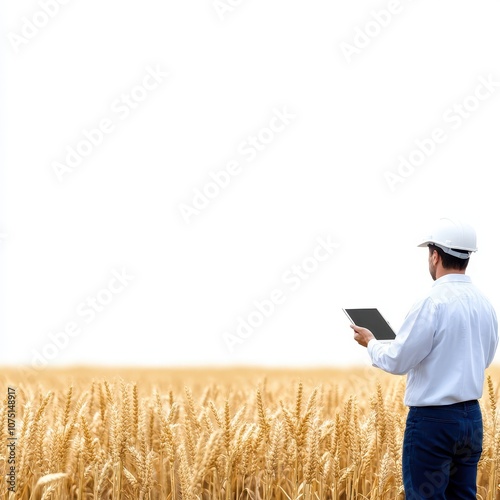 Farmer in Agricultural Field Holding Tablet, Monitoring Crop Conditions for Sustainable Practices and Efficient Farming Solutions Amidst Golden Wheat Fields