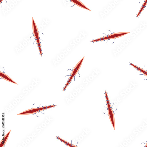 Surgical wound with red scar tissue and sutures forming a seamless pattern on white background, ideal for medical and healthcare related designs