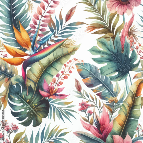 Watercolor pattern of tropical leaves with vibrant boho floral accents vector