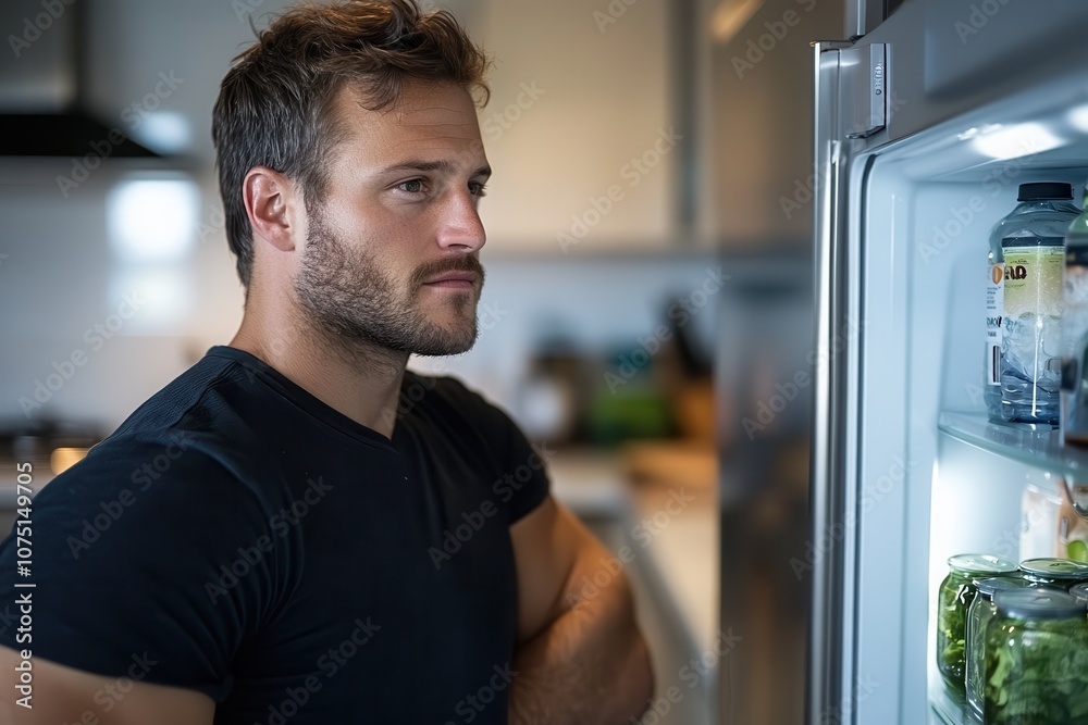 A man wearing a black shirt examines the contents of his refrigerator carefully, considering his next meal in a contemporary home kitchen environment. A man wearing a black shirt examines the contents of his refrigerator carefully, considering his next meal in a contemporary home kitchen environment.