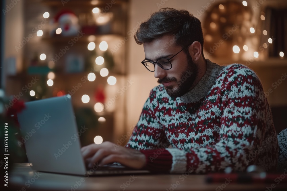 hipster millennial man in a xmas holiday sweater working at a laptop in a home office, with Christmas decorations subtly displayed around hipster millennial man in a xmas holiday sweater working at a laptop in a home office, with Christmas decorations subtly displayed around