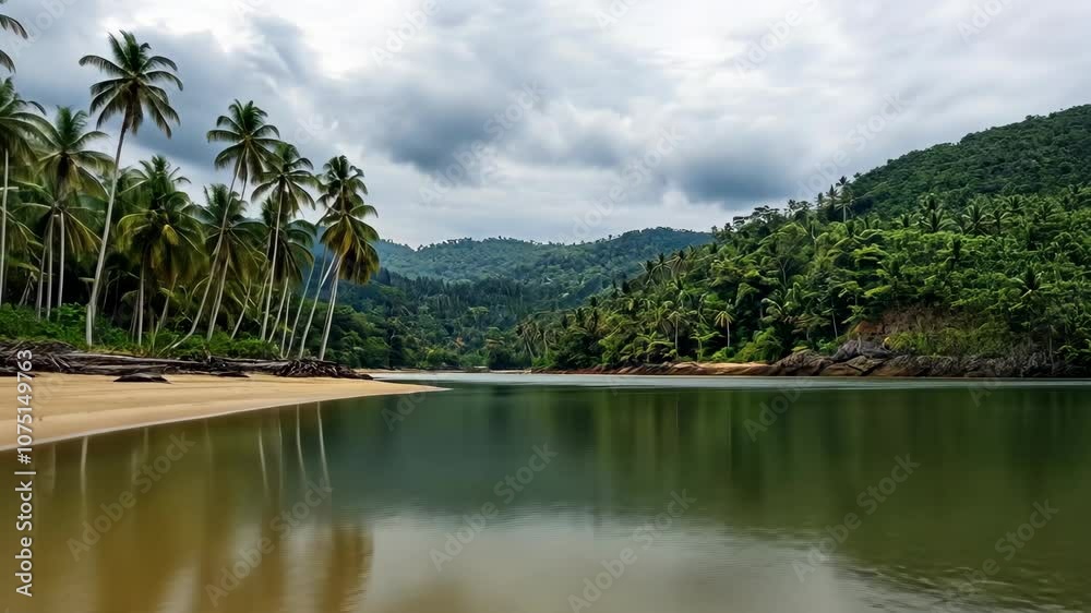 A calm river flows through a lush tropical landscape, with palm trees lining the shore and green hills in the background A calm river flows through a lush tropical landscape, with palm trees lining the shore and green hills in the background