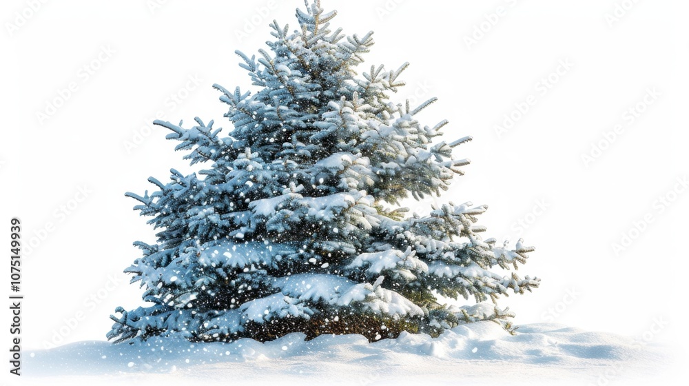 A snowy Christmas tree with falling snowflakes, isolated on white background A snowy Christmas tree with falling snowflakes, isolated on white background
