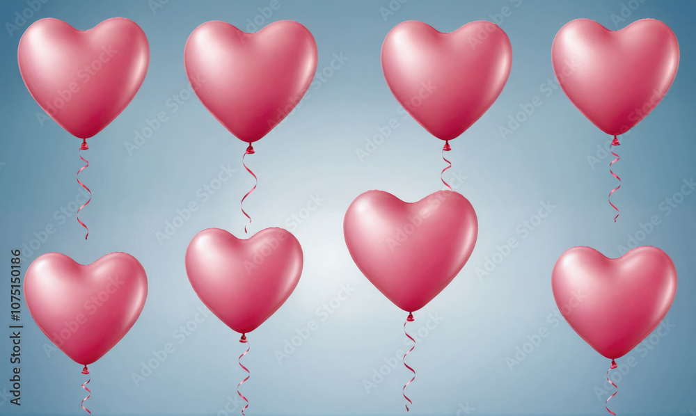 Eight pink heart-shaped balloons float against a light blue backdrop Eight pink heart-shaped balloons float against a light blue backdrop