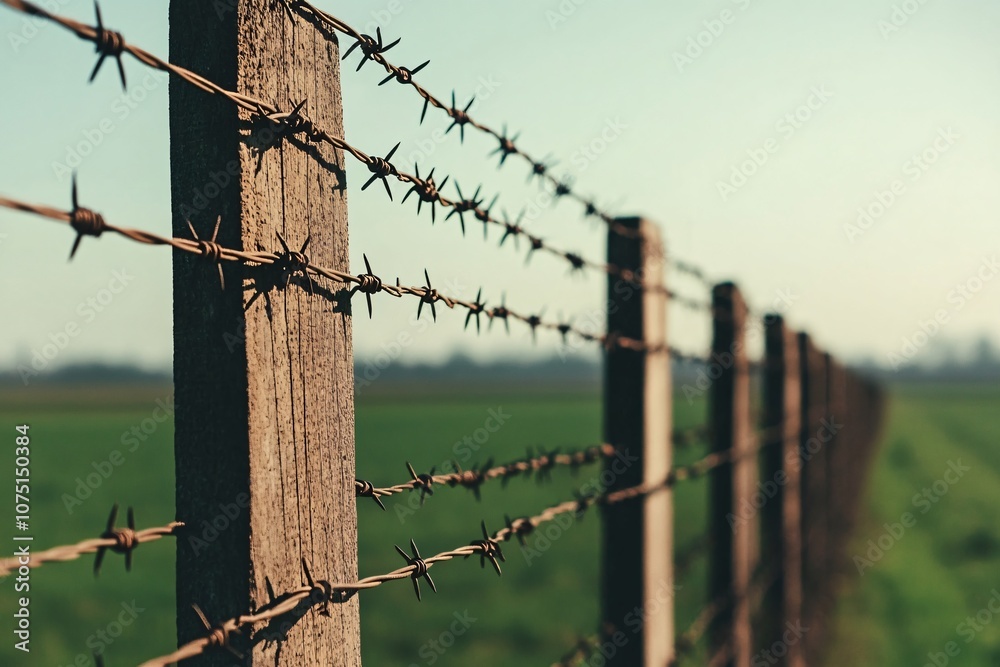 Barbed Wire Fence Stretching Across Rural Field Landscape