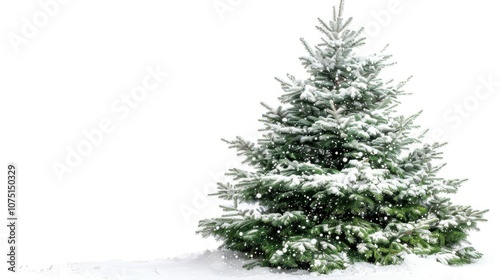 A snowy Christmas tree with falling snowflakes, isolated on white background