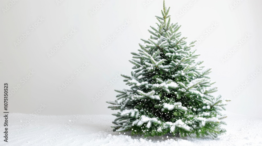 A snowy Christmas tree with falling snowflakes, isolated on white background A snowy Christmas tree with falling snowflakes, isolated on white background