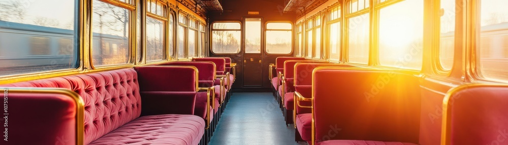 Fototapeta premium Interior of a vintage train with sunlight streaming through windows.