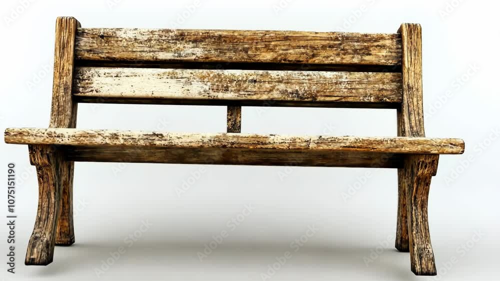A weathered wooden bench sits on a white background, its surface showing signs of age and use