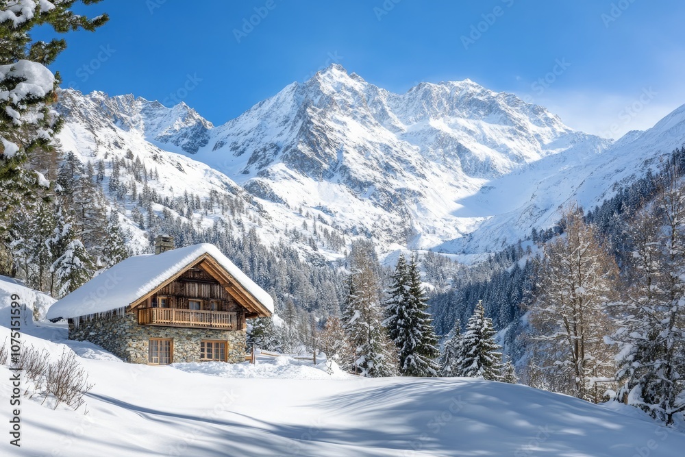 winter panoramic view of a chalet in the Alps in sci resort, surrounded by snow covered mountains and pine trees, with a clear blue sky winter panoramic view of a chalet in the Alps in sci resort, surrounded by snow covered mountains and pine trees, with a clear blue sky