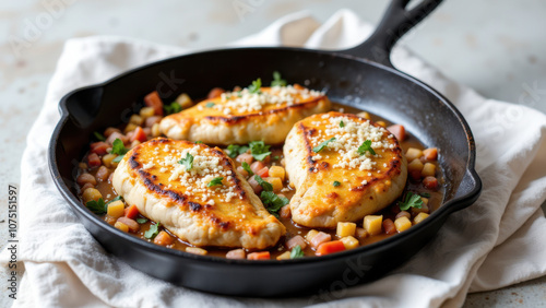 Sizzling pan of Mary's Meal chicken with roasted vegetables.