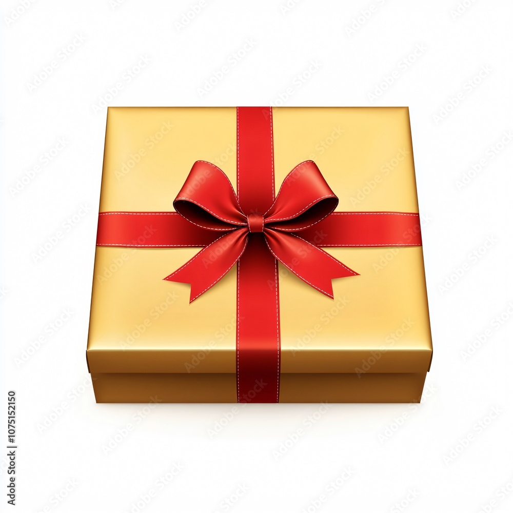 Gold Gift Box with Red Ribbon Isolated on White Background Gold Gift Box with Red Ribbon Isolated on White Background