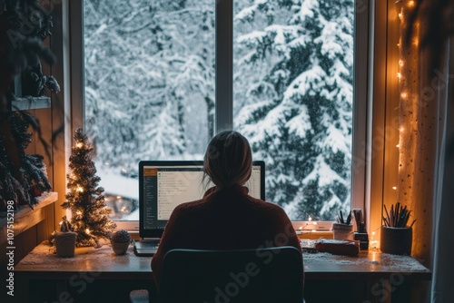 remote employee person working remotely at a home office during Christmas, with a view of a snowy window and a lit tree, holiday season photo