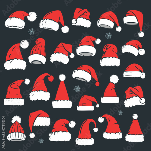 collection of red santa hats with white trim and pom-poms on a dark background, featuring various designs