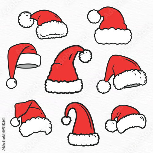 simple collection of red santa hats with white trim, line drawing clipart stricker