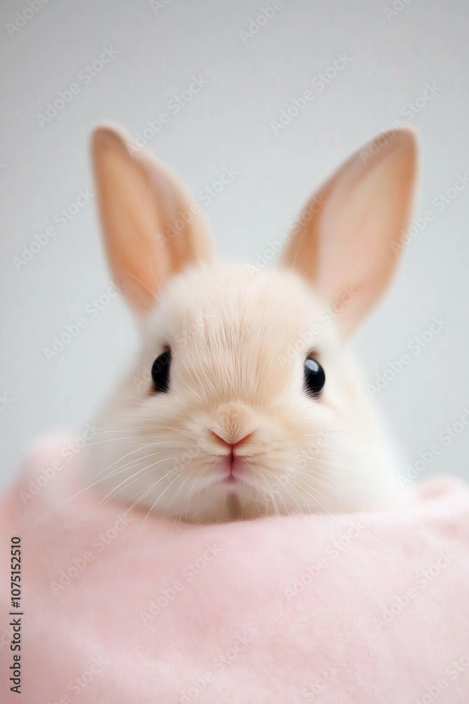 Obraz premium A baby rabbit is sitting on a pink blanket. The rabbit is looking at the camera with its eyes wide open