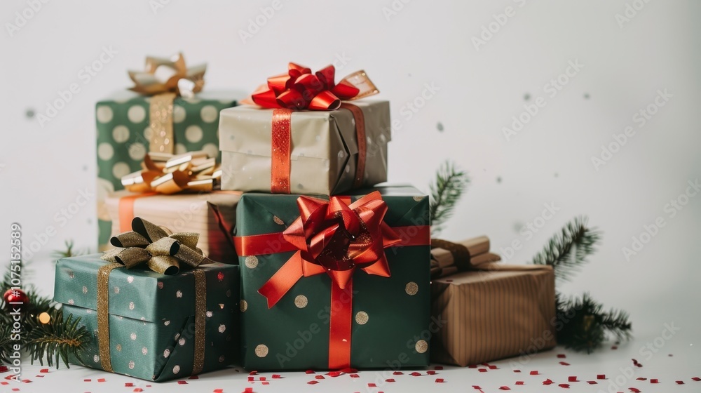 A stack of wrapped Christmas gifts with bows and ribbons, isolated on a white background A stack of wrapped Christmas gifts with bows and ribbons, isolated on a white background