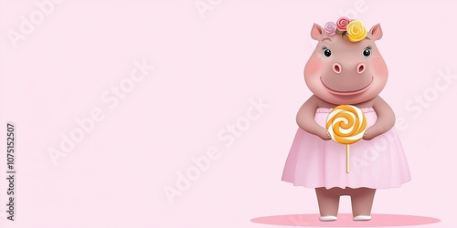 A cute cartoon hippo holding a lollipop. The image is pink and has a playful, lighthearted mood