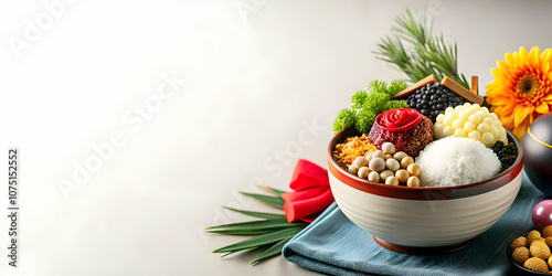 Traditional Korean Rice Bowl Seollal Festive Elements Plain Background Elegant Arrangement Cultural Heritage Sustenance Photo Stock Concept Copy Space 160-200 Characters