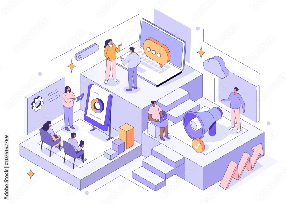 Business people characters learning, meeting, teamworking in office rooms. Trendy isometry template for background, banner, infographic template. Isometric line vector illustration.