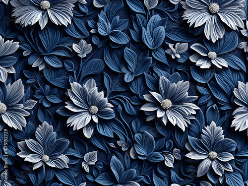 3d render, abstract floral background, 3d illustration, blue and white flowers