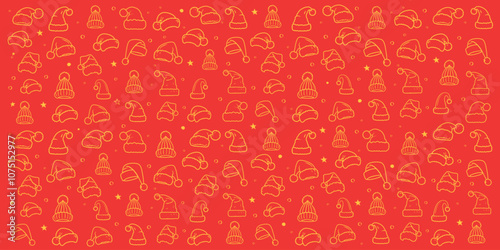 seamless hand-drawn pattern of santa hats and winter caps in black outlines on a red textured background