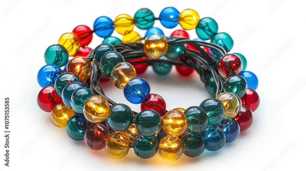 A string of multicolored Christmas lights, coiled neatly, isolated on white background A string of multicolored Christmas lights, coiled neatly, isolated on white background