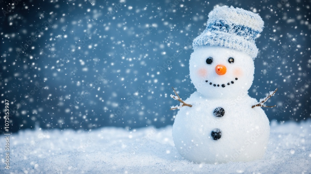 A cheerful snowman wearing a blue hat, set against a snowy backdrop with falling snowflakes. A cheerful snowman wearing a blue hat, set against a snowy backdrop with falling snowflakes.
