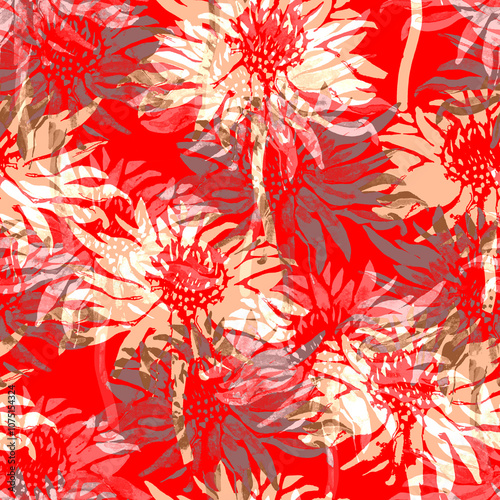 Wallpaper Mural Abstract floral seamless pattern with close-up picturesque brush strokes flowers in orange red tones. Perfect wallpaper, bedding, textile, apparel fabric, poster, package. Torontodigital.ca
