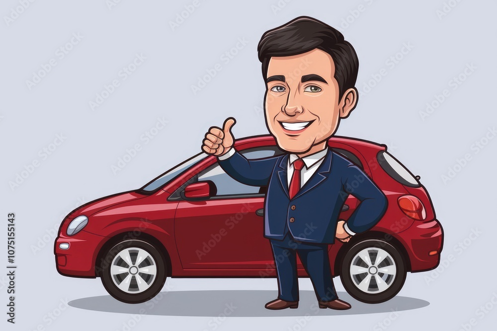 A cartoon businessman gives a thumbs up while standing next to a red car. A cartoon businessman gives a thumbs up while standing next to a red car.