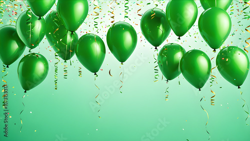 Green balloons with confetti and ribbons on green background.