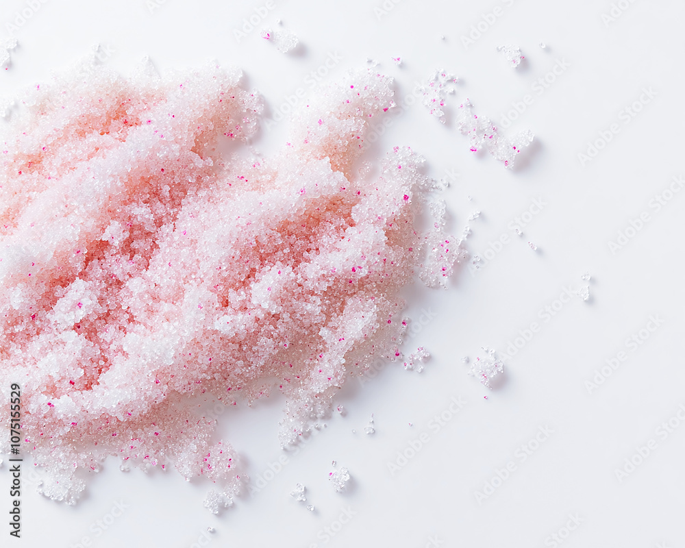 Close-up of pink sugar scrub on white background. Peeling cosmetics texture, topview Close-up of pink sugar scrub on white background. Peeling cosmetics texture, topview