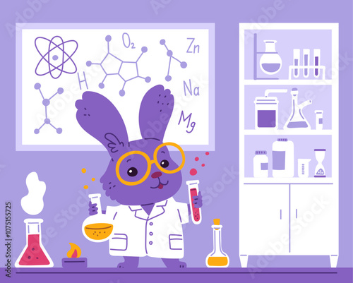 Vector illustration of a hare holding test tubes with chemicals on a white background