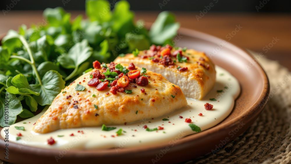 A mouth-watering serving of Marry Me Chicken on a plate with sauce and garnishes. A mouth-watering serving of Marry Me Chicken on a plate with sauce and garnishes.