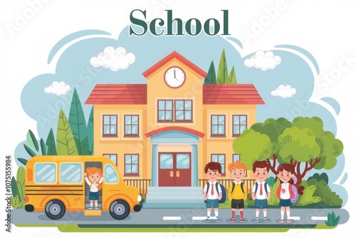 School children standing in front of school building.