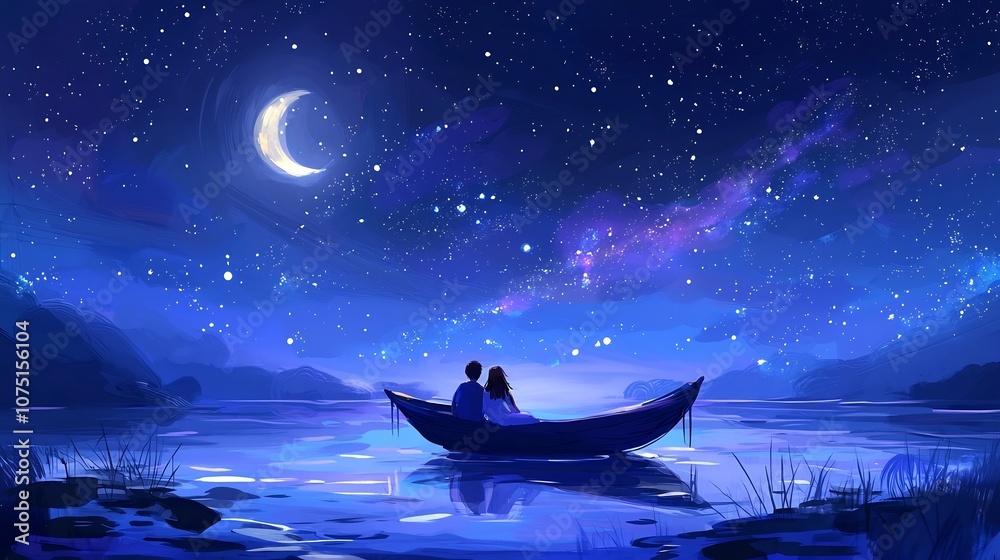 Naklejka premium A young couple silhouetted in a small boat peacefully floating on a calm lake under a breathtaking starry night sky The serene scene symbolizes their shared dreams and journey together