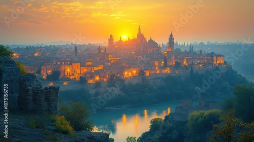 panoramic view of an ancient city basking in the first light of dawn, with historical buildings and ruins illuminated by soft golden hues, evoking a sense of nostalgia and timelessness