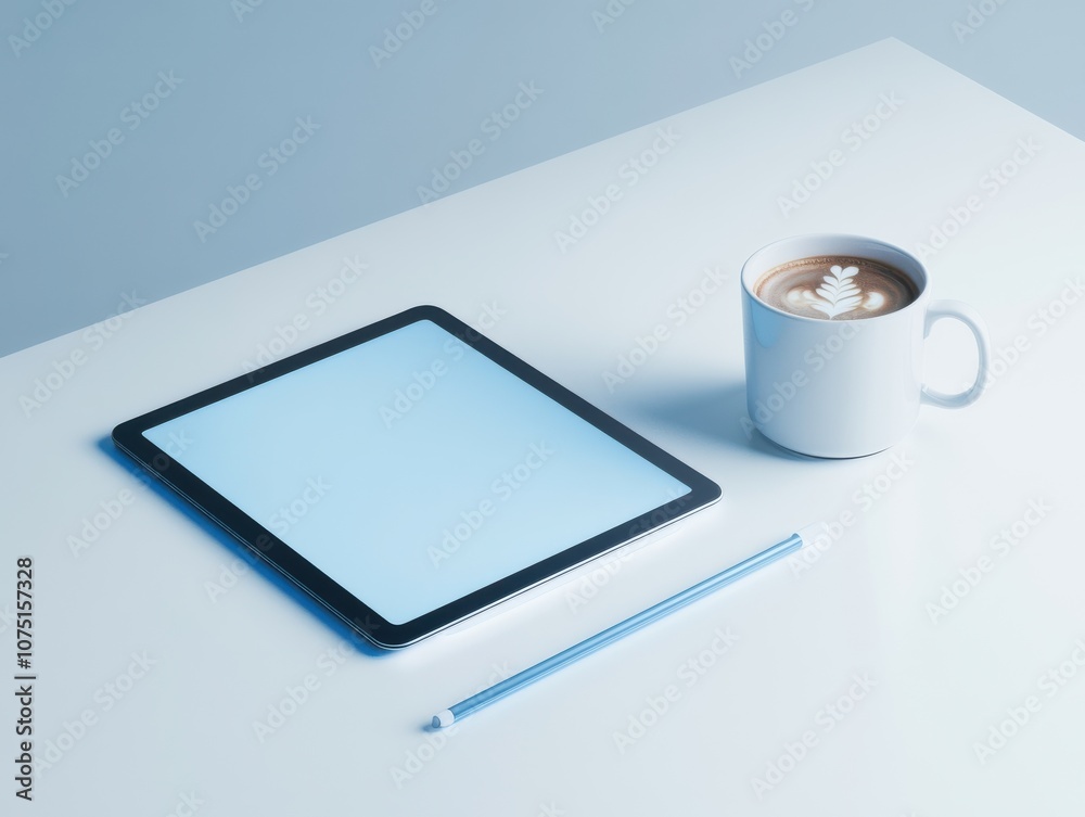 Minimalist workspace with tablet and coffee cup on a table. Minimalist workspace with tablet and coffee cup on a table.