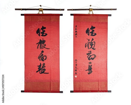 Red scrolls with traditional calligraphy, symbolizing prosperity and good fortune.